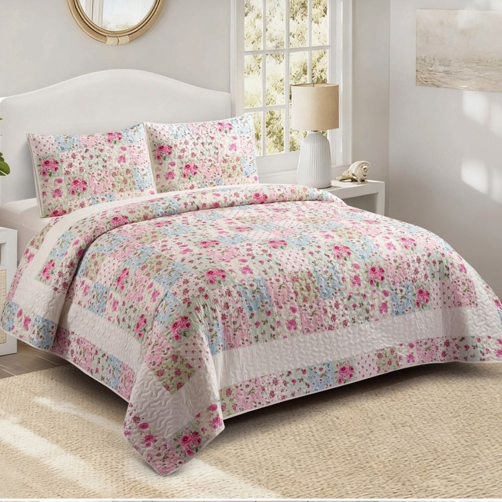 Ditsy Cottage Pink Floral Printed Patchwork QueenQuilt Set Farmhouse Shabby Chic